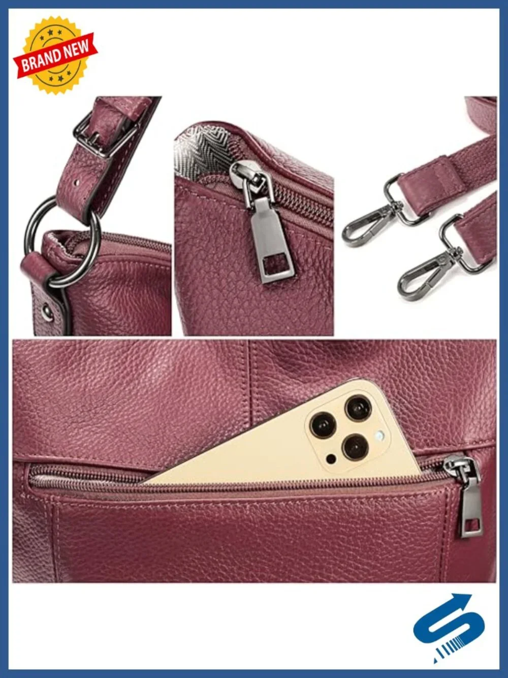 Genuine Leather Hobo Handbag Crossbody Shoulder Bag with Removable Straps